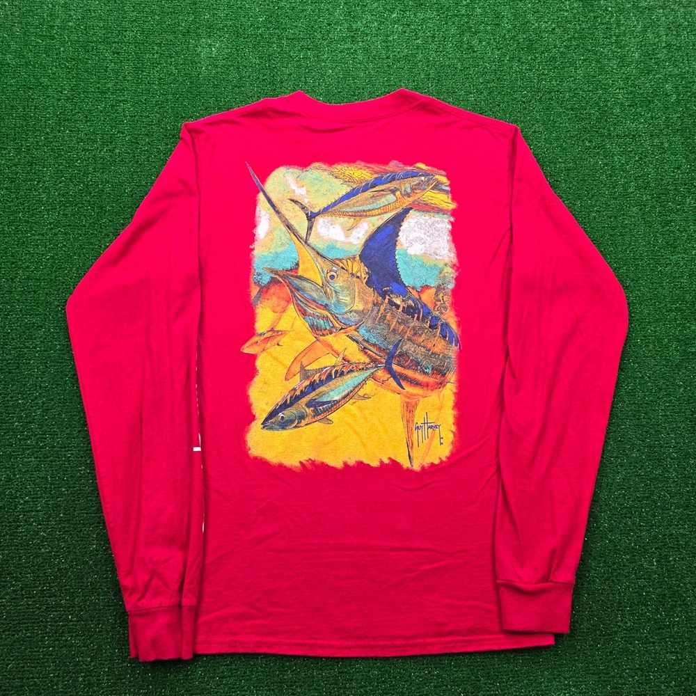 Guy Harvey Tshirt Mens‎ Small Red Long Sleeve Fishing Marlin Tuna Graphic Print